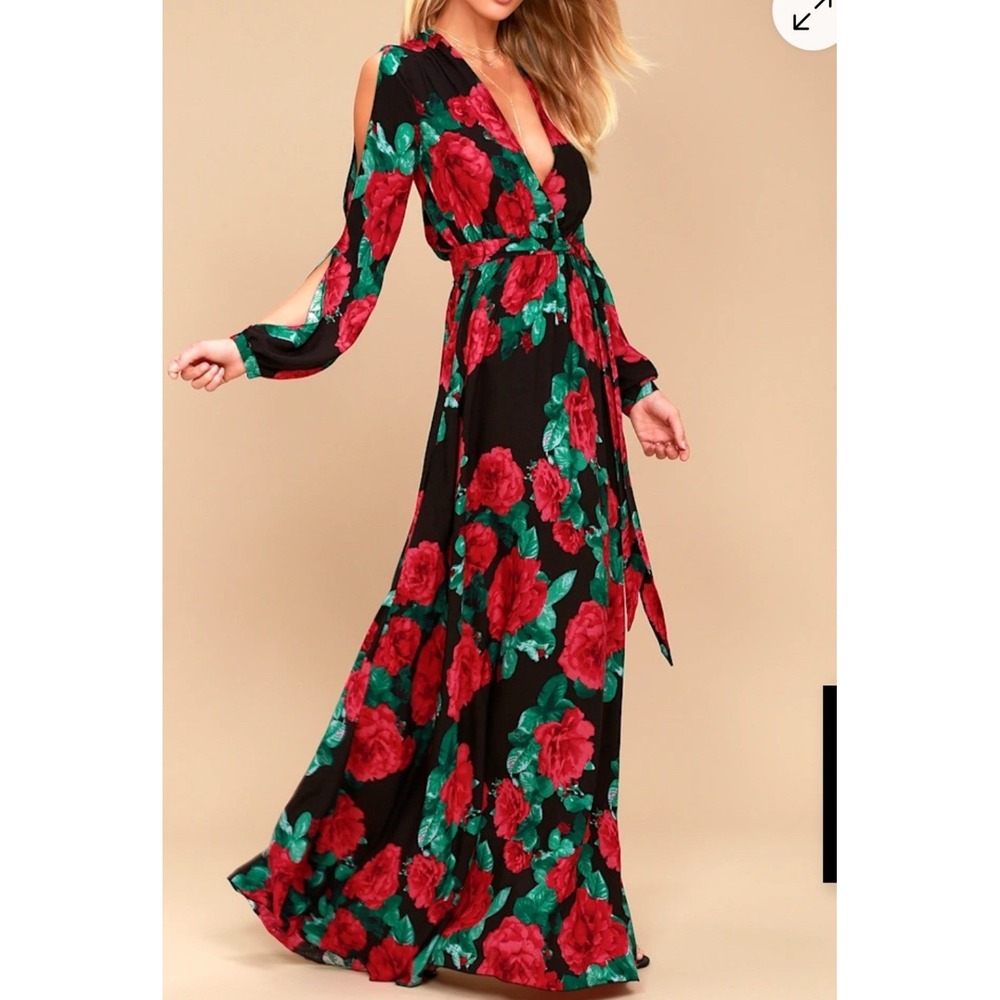 Lulus Strike a Rose Black Floral Long Sleeve Maxi Dress XS Romantic Gothic Date
